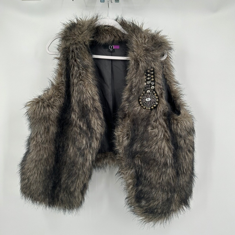 Womens Boho Shaggy Faux Fur Vest Size 1X Eclectic Indie Embellished Statement
